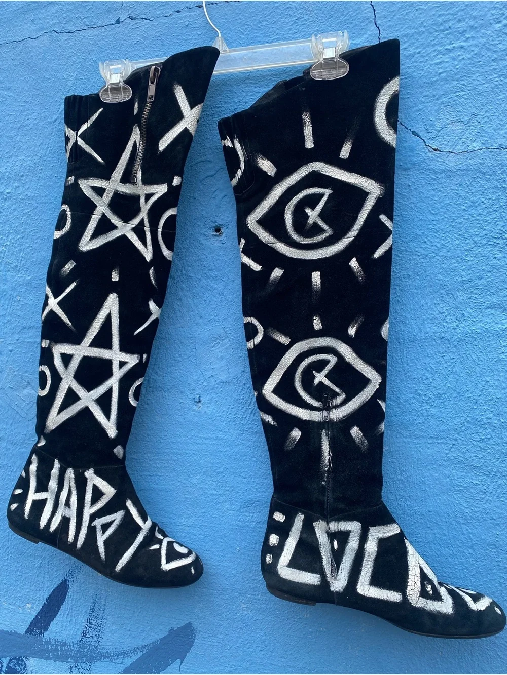 Black suede thigh high boots, Sam Edelman, flat, hand painted, zippers, Size 7